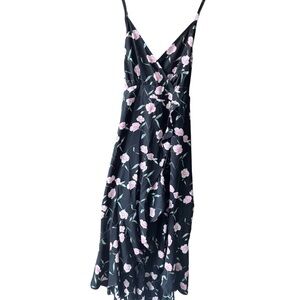 Inspired Hearts Black and Pink Floral, Flowy, Ruffle, Midi Dress, 1X
